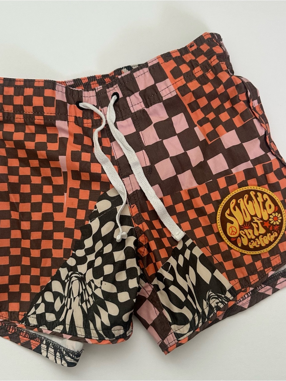 Swigito Kids Checkerboard Swim Trunks in Orange, Brown & Pink